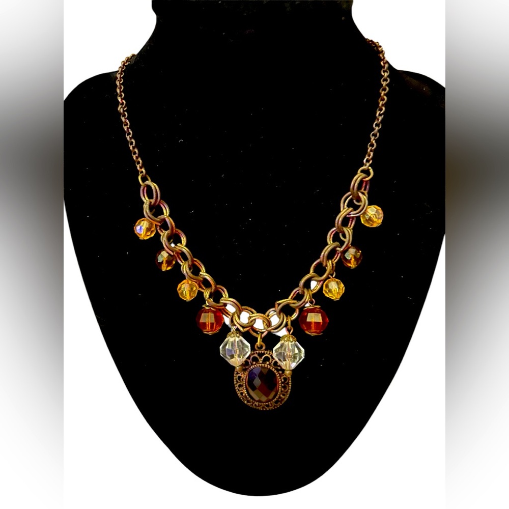 1928 statement necklace in brown and clear stones with copper chain